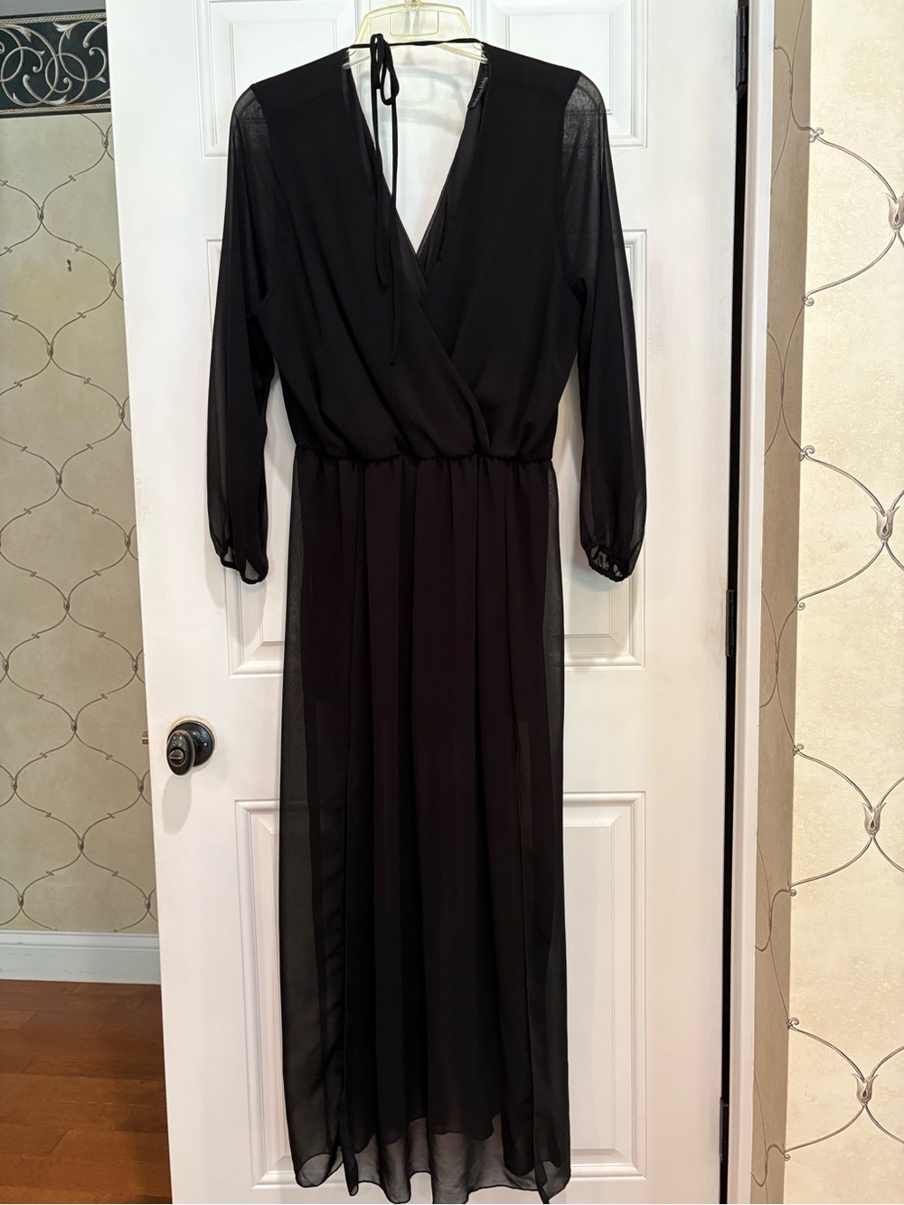 Zenobia Black Sheer Chiffon Long Sleeve Maxi Dress, Size 1X